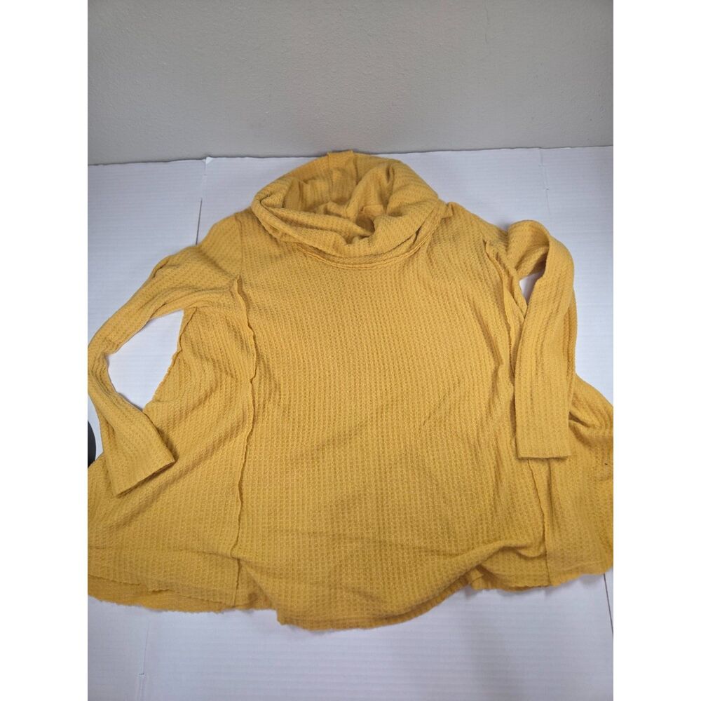 Umgee Mustard Yellow Waffle Knit Cowl Neck Top | Raw Seams | 1XL